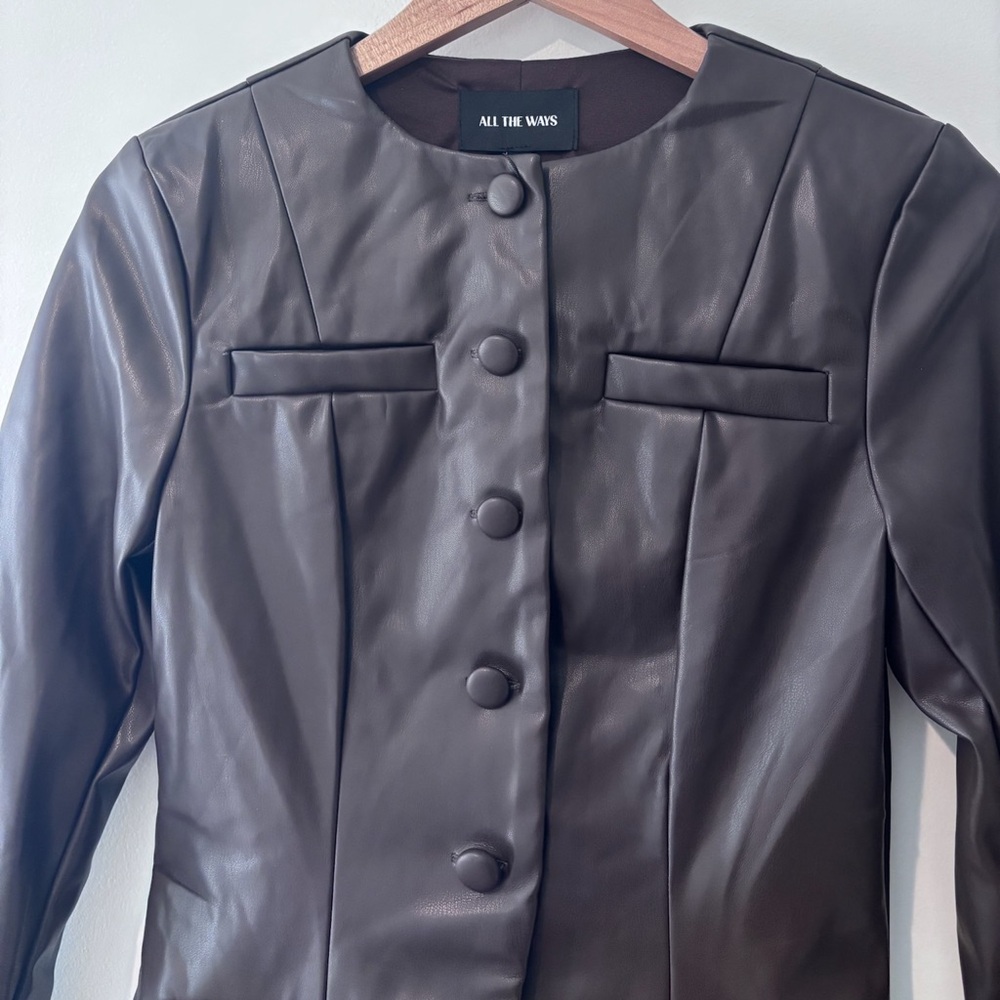 All The Ways Revolve Vandellia Chocolate Brown Faux Leather Button Blazer Jacket - Picture 6 of 10